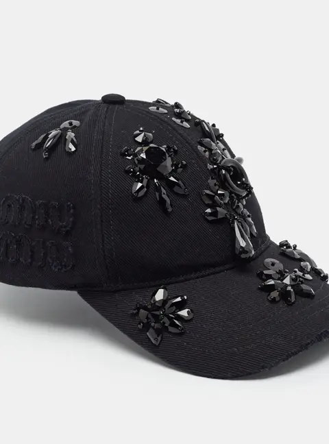 Miu Miu Black Embellished Denim Baseball Cap L