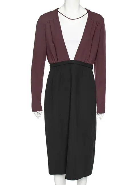 Miu Miu Black-Burgundy Textured Wool Plunge Neck Midi Dress L