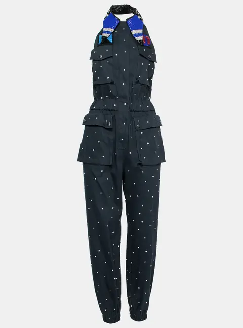 Miu Miu Navy Blue Embellished Cotton Bead Embroidered Halter Neck Jumpsuit S