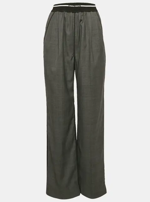 Miu Miu Grey Logo Ribbed Waistband Wool Trousers S