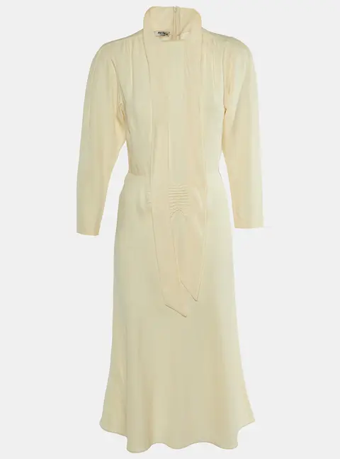 Miu Miu Cream Crepe Neck Tie Detail Midi Dress M