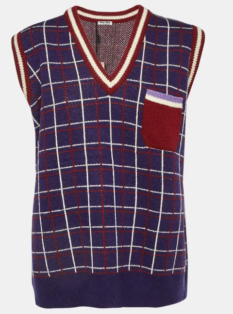 Miu Miu Blue Contrast Detail Wool Knit Sleeveless Sweater S