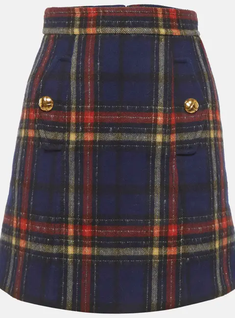 Miu Miu Navy Blue/Red Plaid Wool Mini Skirt XS
