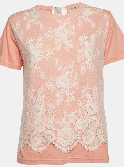 Miu Miu Peach Jersey Lace Front T-Shirt M