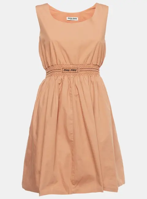 Miu Miu Orange Logo Embroidered Cotton Poplin Smocked Mini Dress M