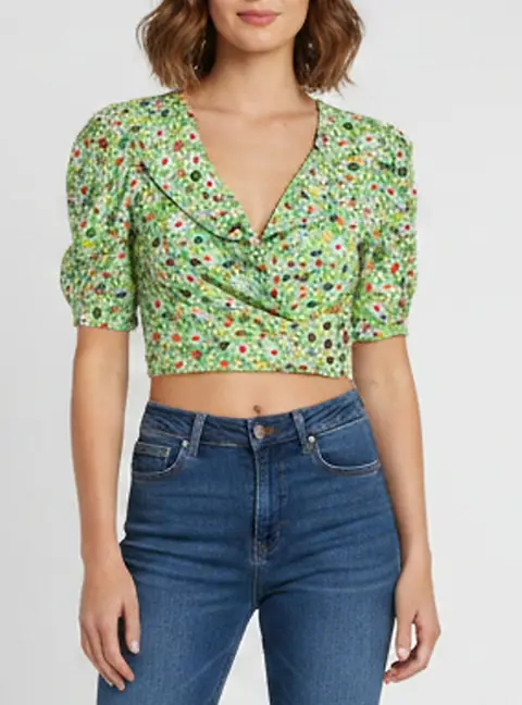 Miu Miu Green Floral Print Crepe Wrapped Crop Top M