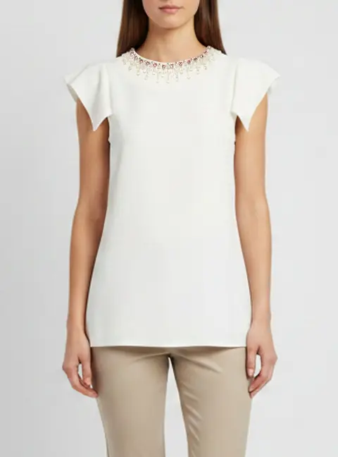 Miu Miu White Embellished Crepe Short Sleeve T-Shirt M