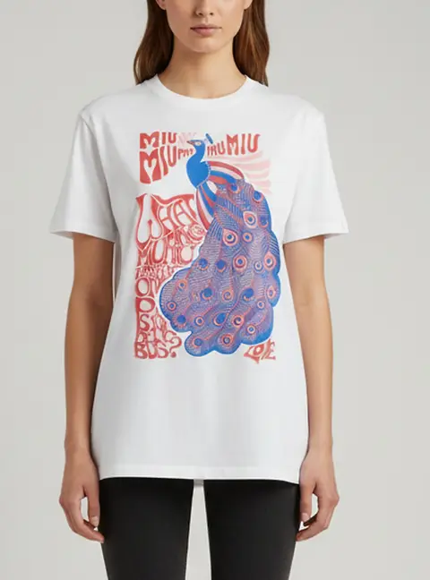 Miu Miu White Logo Peacock Graphic Jersey T-Shirt L