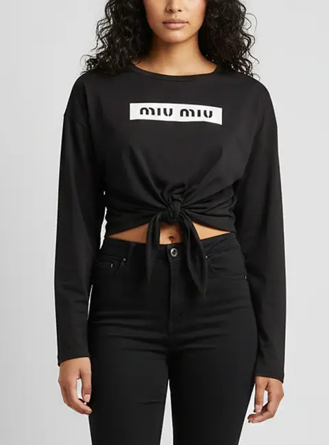 Miu Miu Black Logo Print Jersey Tie-Up Crop Top M