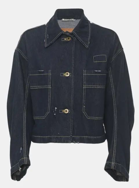 Miu Miu Navy Blue Distressed Denim Lace Details Jacket S