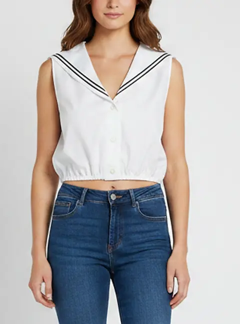 Miu Miu White Cotton Logo Embroidered Sailor Collar T-Shirt S