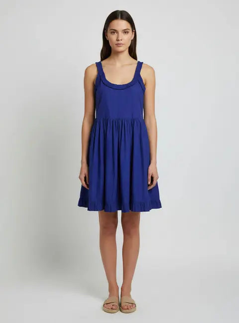 Miu Miu Blue Ruffle Trim Poplin Scoop Neck Mini Dress M