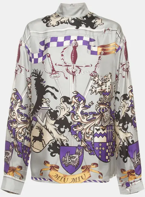 Miu Miu Grey Sword Print Sateen Mock Neck Blouse S