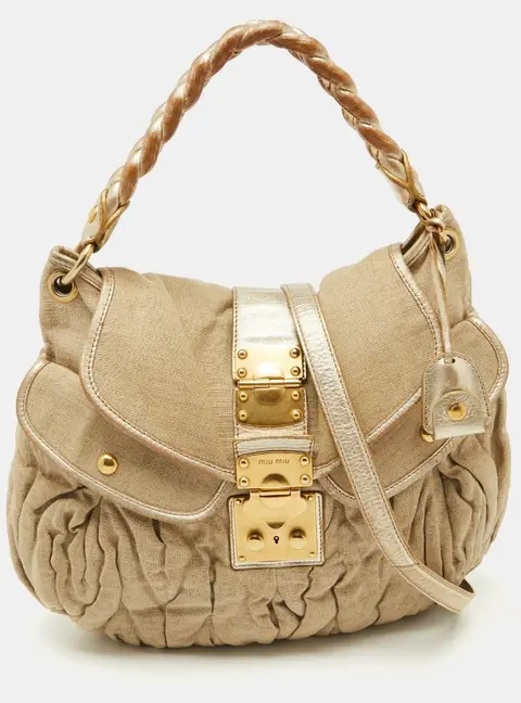 Miu Miu Coffer Medium Beige Leather and Linen Satchel