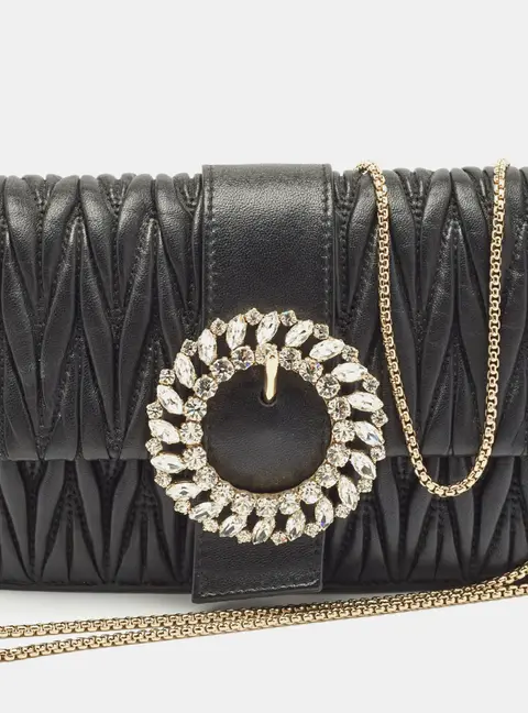 Miu Miu Black Matelass&eacute; Leather Crystals Buckle Chain Clutch