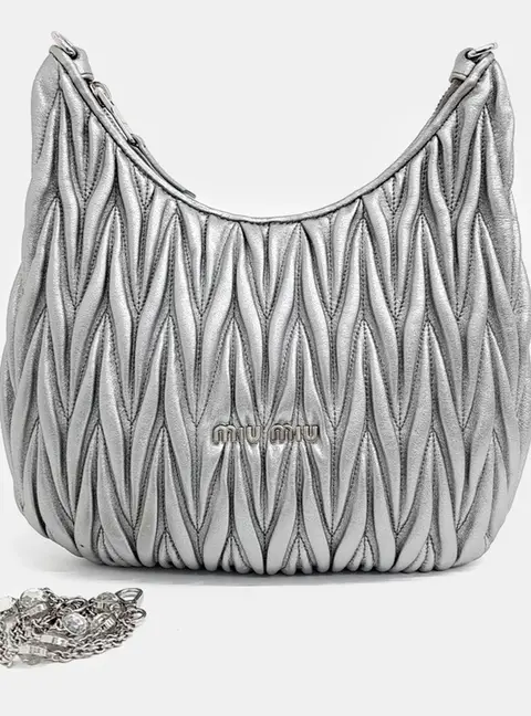 Miu Miu Silver Leather Matrasse Crystal Chain Shoulder Bag