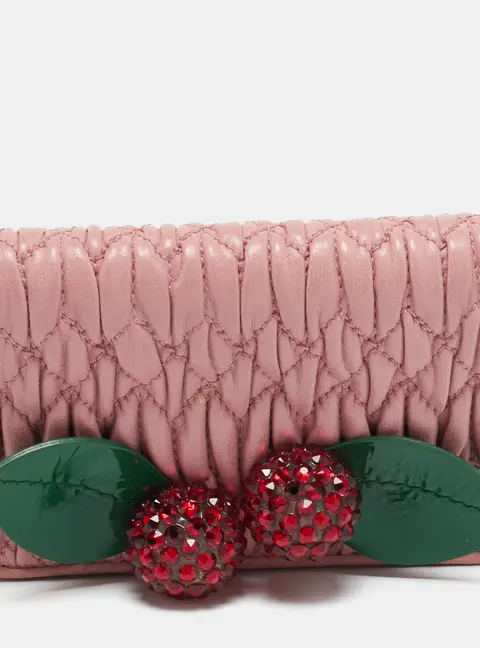 Miu Miu Crystal Embellished Pink Matelass&eacute; Leather Flap Card Case