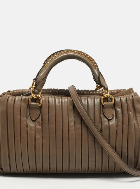 Miu Miu Pleated Dark Beige Leather Satchel