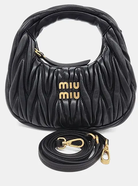 Miu Miu Black Leather Wander Matrasse Mini Hobo Bag