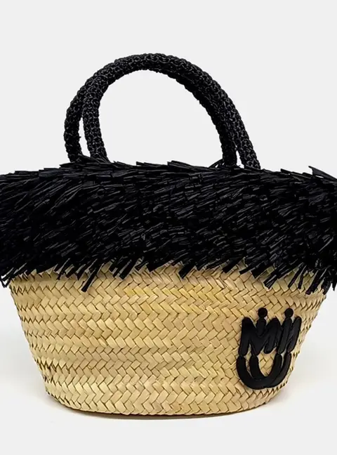Miu Miu Beige/Black Raffia and Straw Rattan Basket Bag (5BG209)