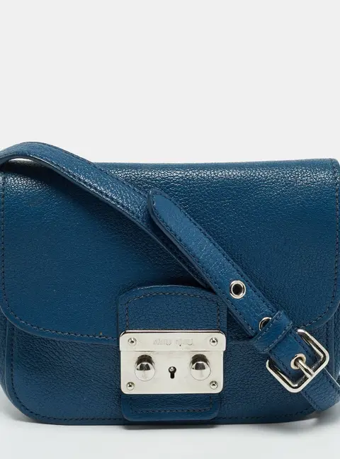 Miu Miu Pushlock Flap Blue Leather Crossbody Bag