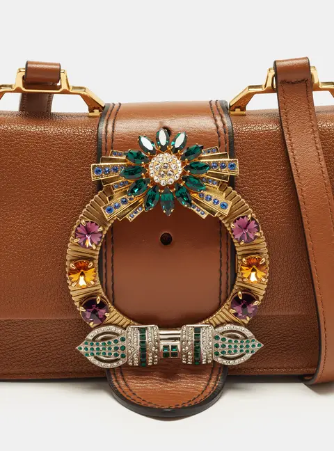 Miu Miu Crystal Embellished Flap Brown Madras Leather Shoulder Bag