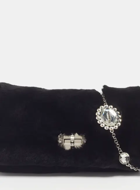 Miu Miu Crystal Cloqu&eacute; Black Rabbit Fur Shoulder Bag