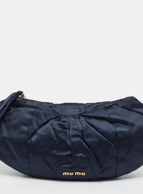 Miu Miu Pleated Zip Dark Blue Satin Clutch