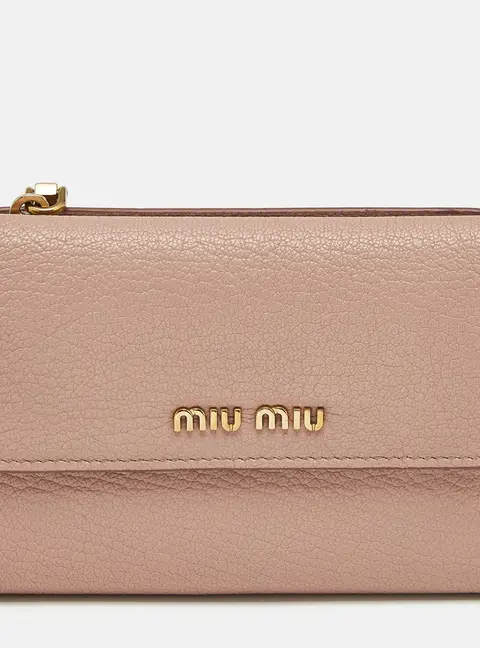 Miu Miu Logo Zip Beige Leather Trifold Wallet