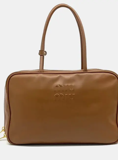 Miu Miu Embossed Logo Bowling Large Tan Leather Top Handle Bag