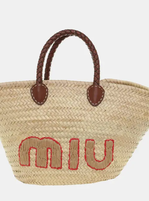 Miu Miu Logo Woven Straw Tote Brown Straw Red Thread Beige Woven Straw Tote Bag