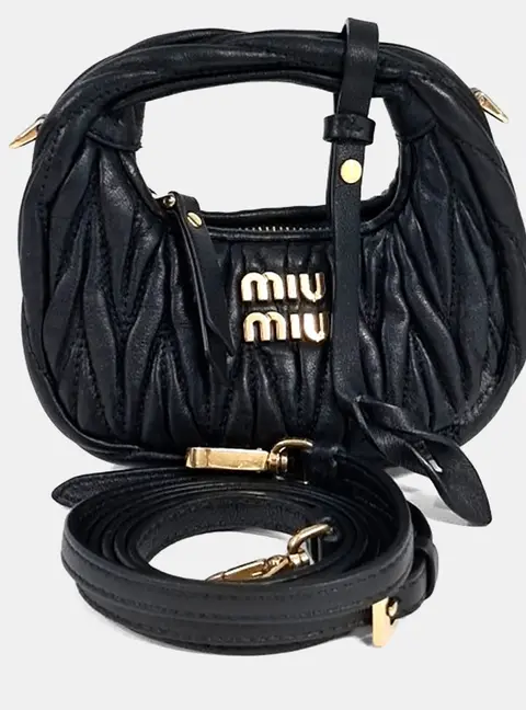 Miu Miu Black Leather Wander Matrasse Micro Hobo Bag