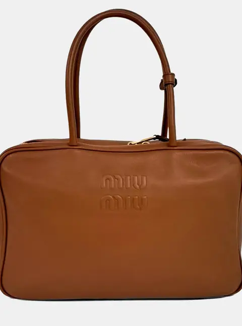 Miu Miu Brown Leather Embossed Logo Bowling Bag