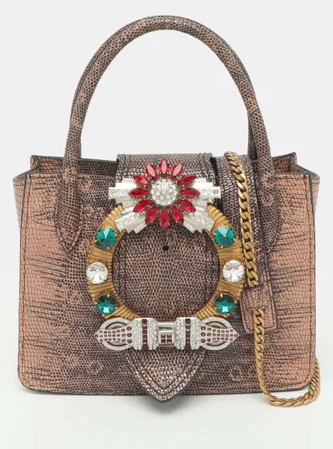 Miu Miu Pink/Black Lizard Embossed Leather Crystal Embellished Tote