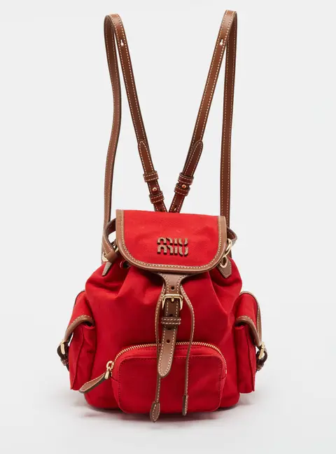 Miu Miu Red/Brown Canvas and Leather Drawstring Backpack