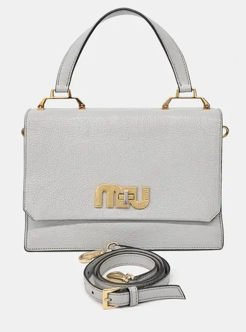 Miu Miu Madras Grey Leather Logo Tote and Shoulder Bag (5BA062)