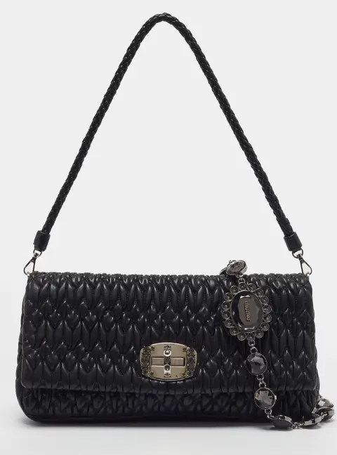 Miu Miu Crystal Black Matelasse Leather Shoulder Bag