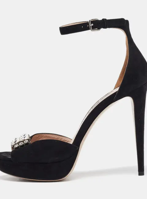 Miu Miu Black Suede Crystal Embellished Ankle Strap Sandals Size 38