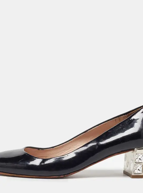 Miu Miu Black Patent Leather Crystal Embellished Block Heel Pumps Size 37