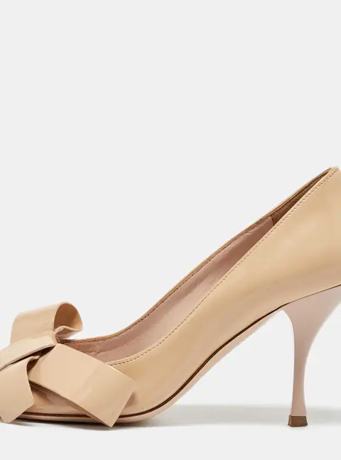 Miu Miu Beige Patent Leather Bow Peep Toe Platform Pumps Size 36