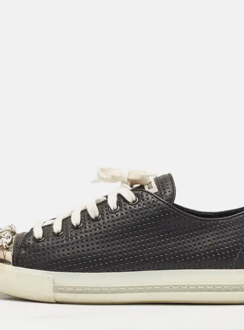 Miu Miu Black Leather Crystal Embellished Cap Toe Low Top Sneakers Size 37.5