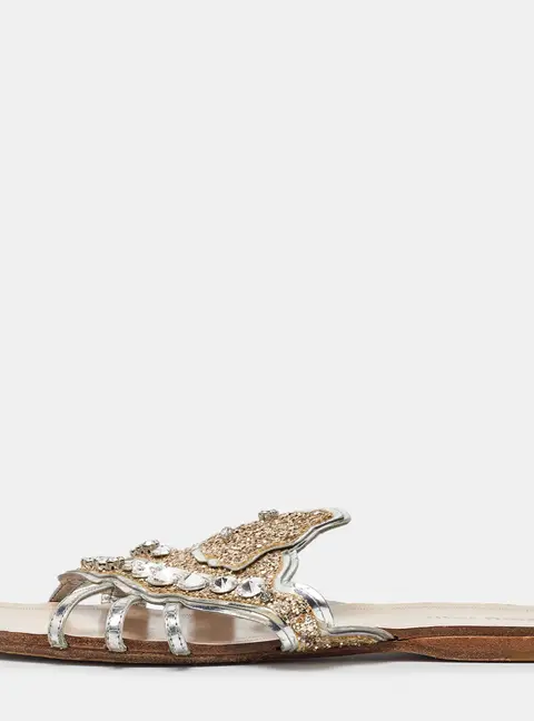 Miu Miu Silver Leather Crystal Embellished Flat Slides Size 37.5