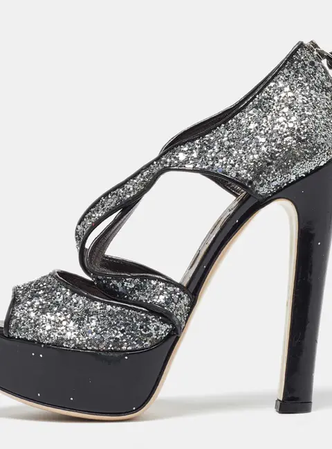 Miu Miu Metallic Grey Coarse Glitter Platform Sandals Size 38.5