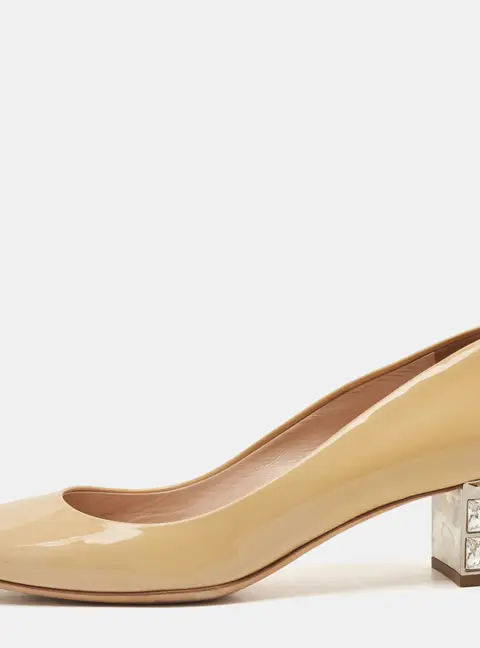 Miu Miu Beige Patent Leather Crystal Embellished Block Heel Pumps Size 36.5