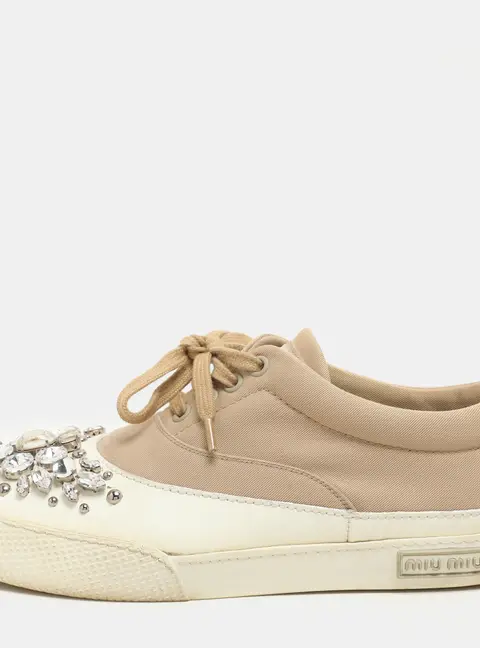 Miu Miu Beige/White Canvas and Rubber Crystal Embellished Cap Toe Sneakers Size 36.5