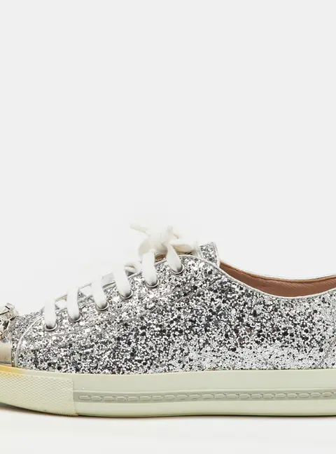 Miu Miu Silver Glitter Crystal Embellished Lace Up Sneakers Size 37.5