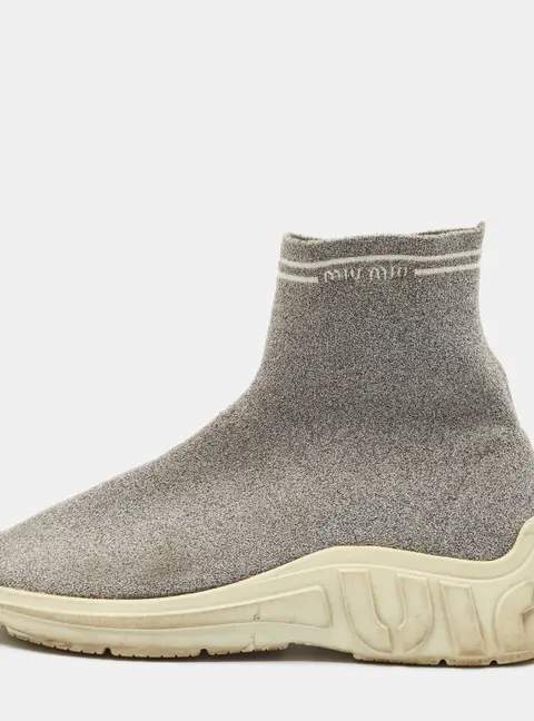 Miu Miu Silver Knit Lurex Fabric Sock Sneakers Size 38