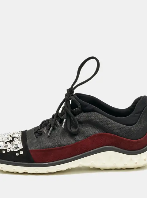 Miu Miu Black/Burgundy Canvas and Suede Crystal Embellished Sneakers Size 37.5