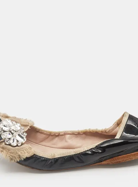 Miu Miu Black Patent Leather Crystal Embellished Scrunch Ballet Flats Size 37.5