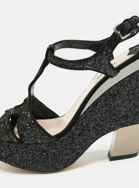 Miu Miu Black Glitter Wedge Slingback Sandals Size 41